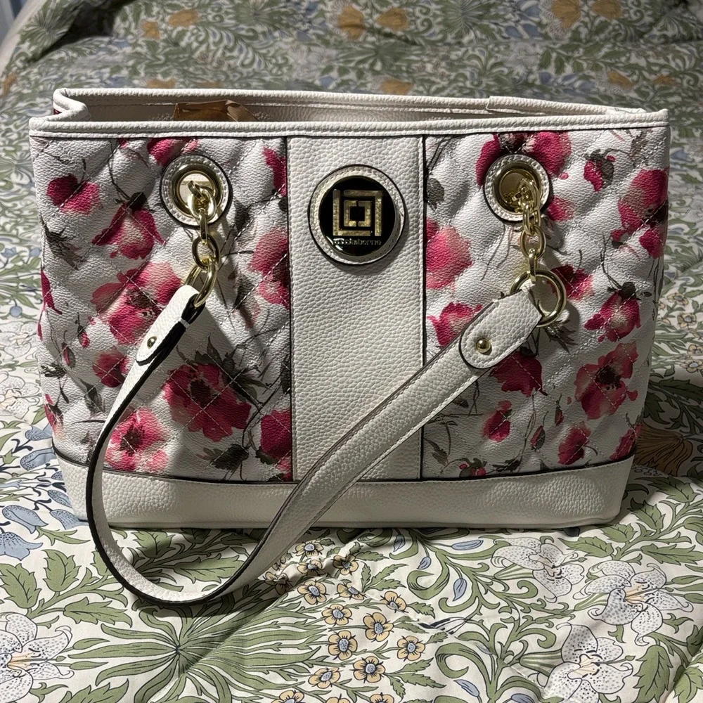 Liz Claiborne Rose Print Floral Shoulder Bag in White and Pink